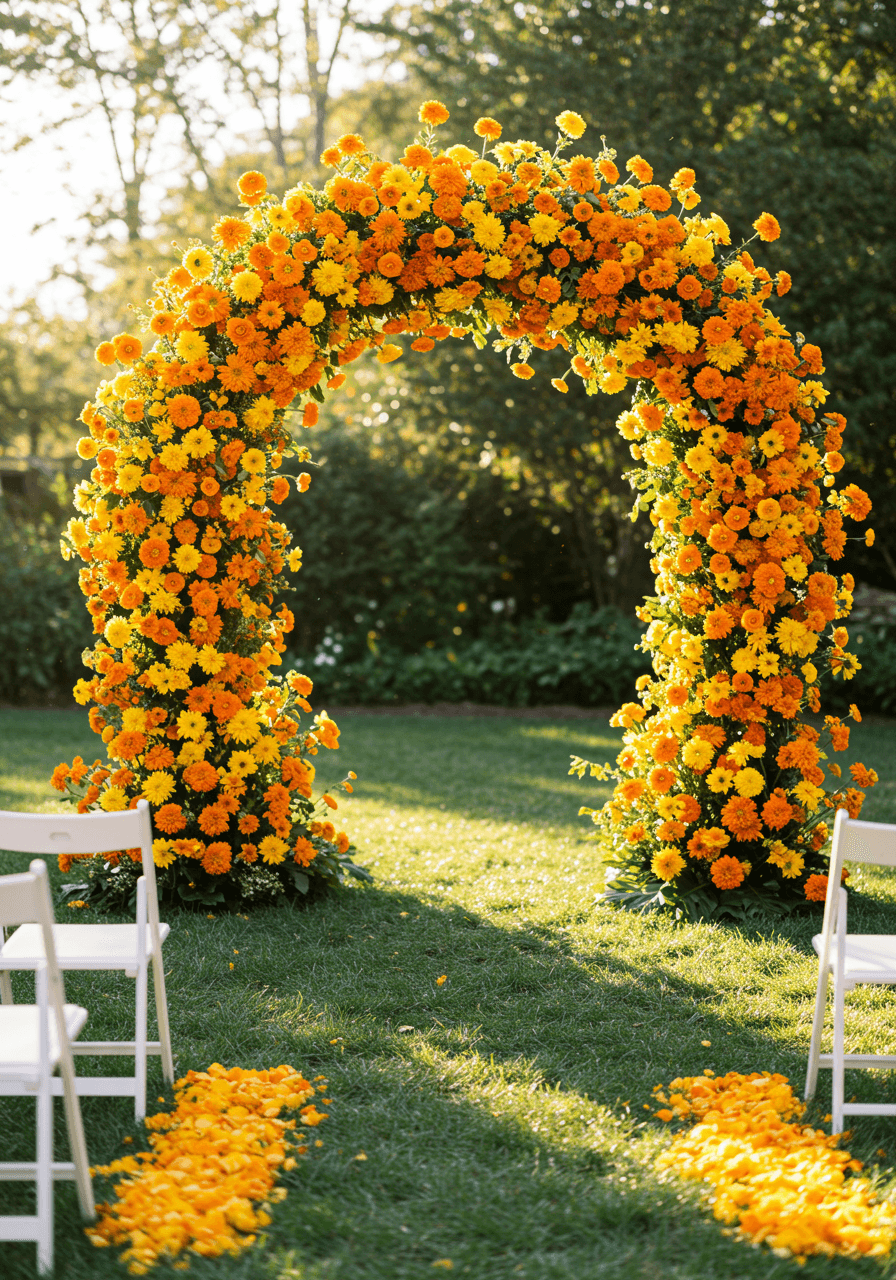 Stunning marigold and orange flower wedding arch in sunlit garden ceremony space during golden hour