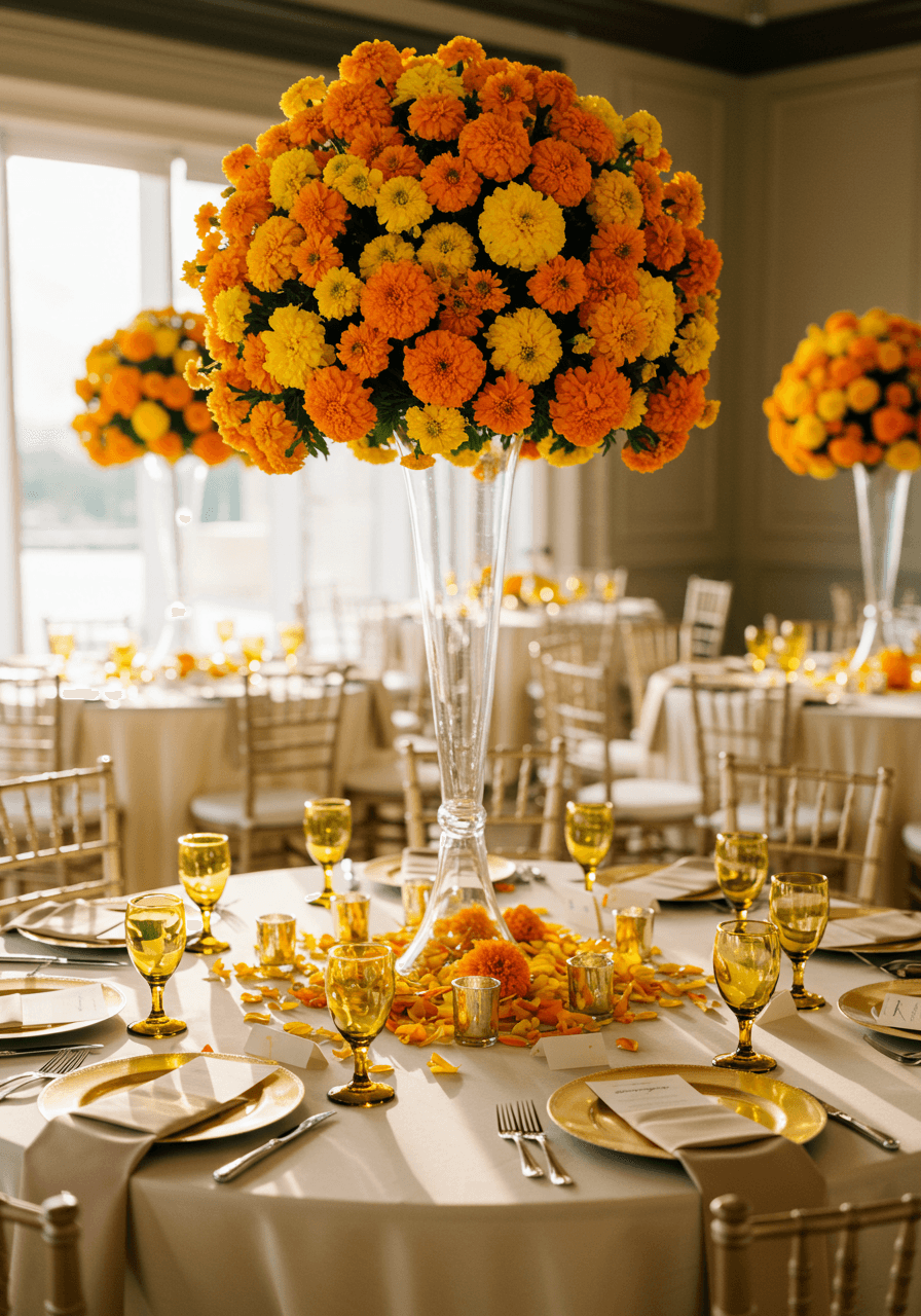 Tall glass vase with dome-shaped marigold flower centerpiece on elegant reception table during golden hour lighting
