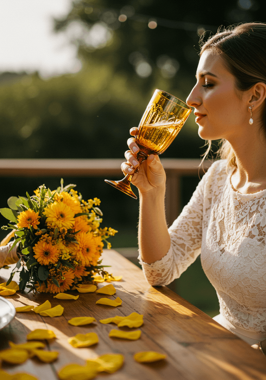 Bride's hands holding ornate golden amber champagne goblet at rustic outdoor wedding venue