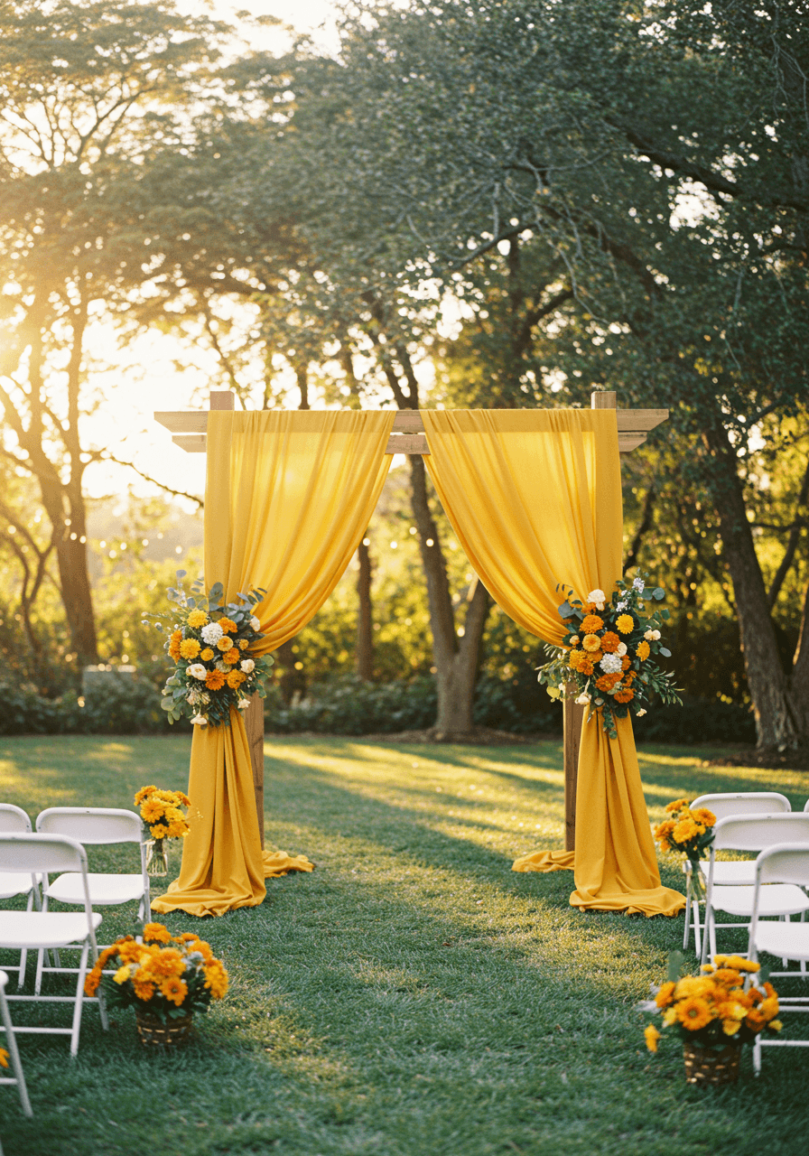 Wedding ceremony altar with flowing mustard yellow fabric draping from wooden arches in outdoor garden setting