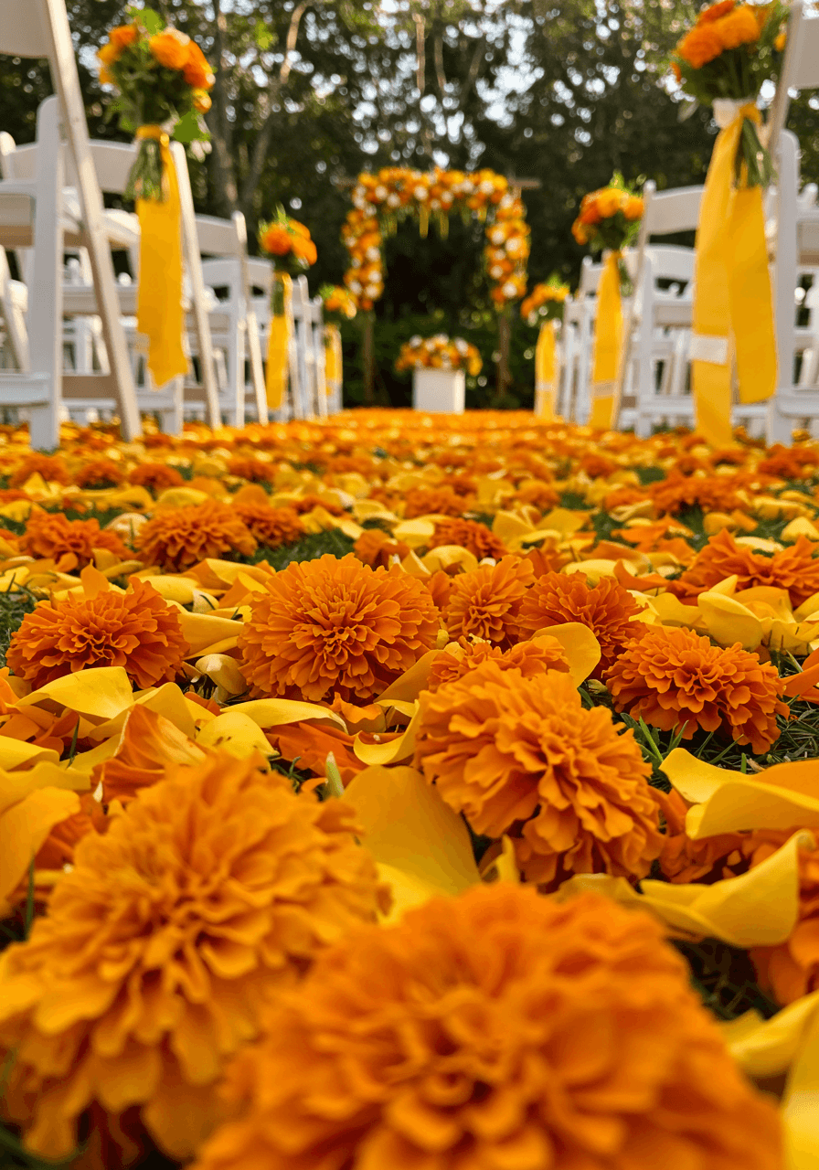 Macro detail of orange and yellow marigold petals scattered along white fabric aisle runner
