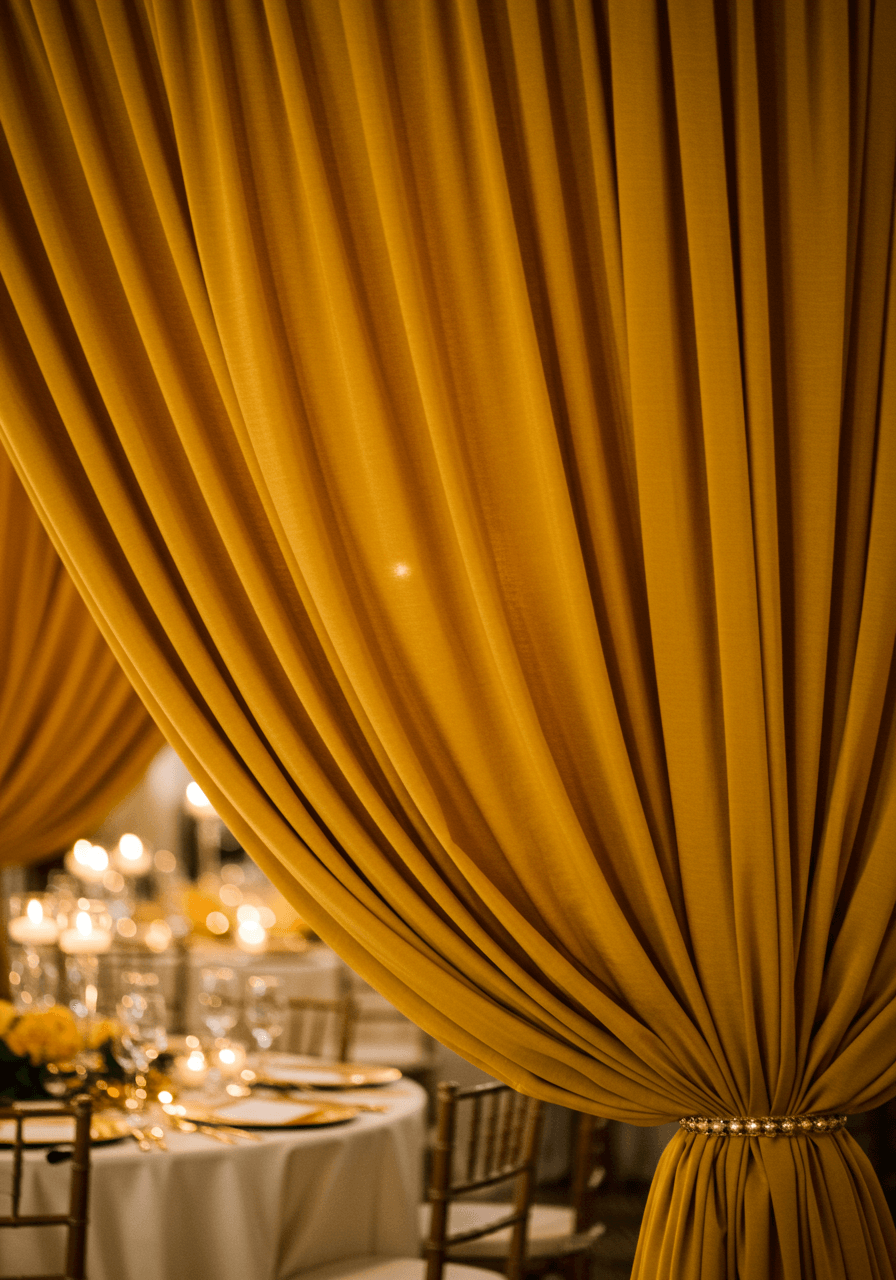 Luxurious mustard yellow silk curtains cascading from ceiling canopy over wedding sweetheart table