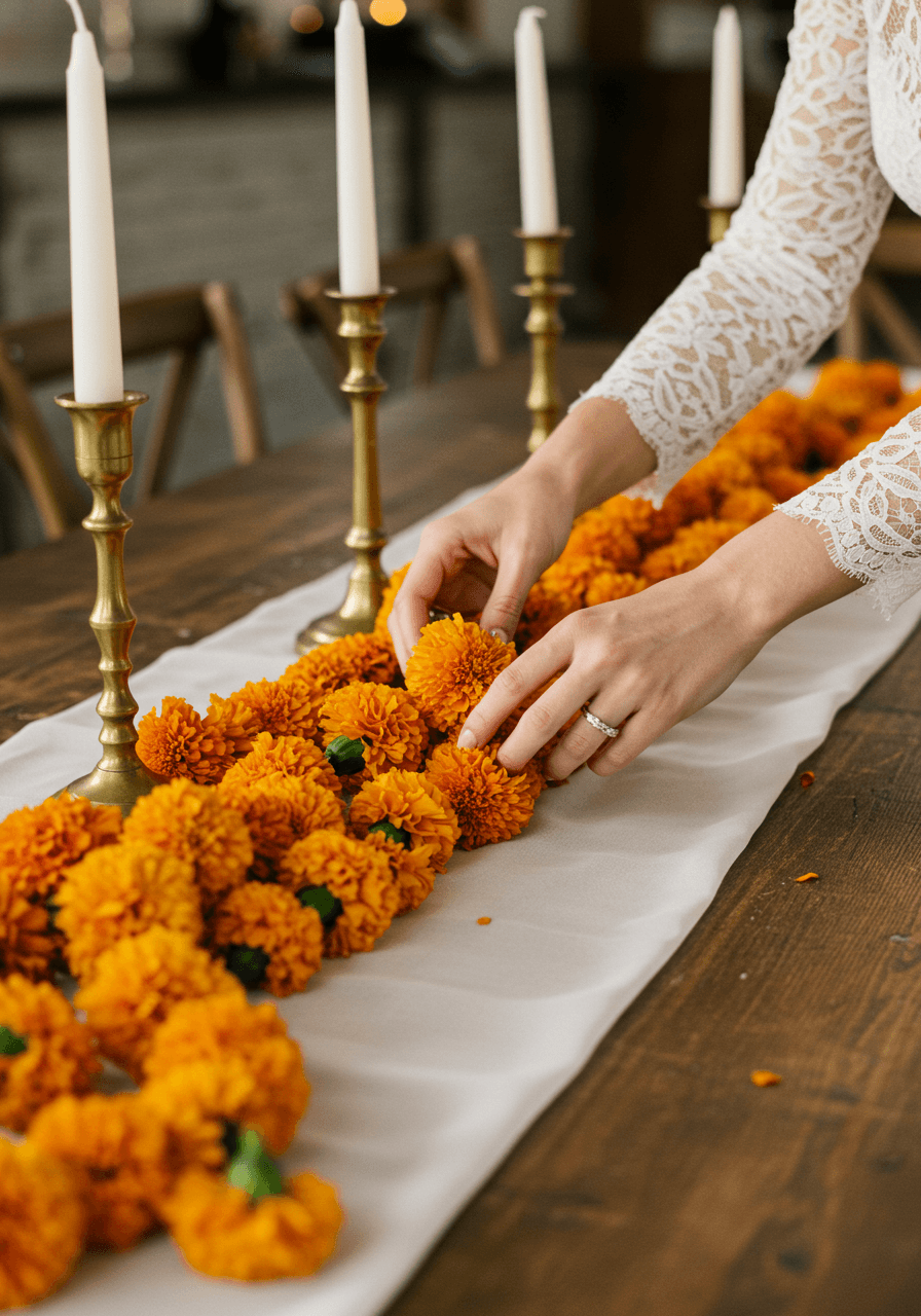 Bride's hands arranging bright marigold garland swags along rustic wooden reception table