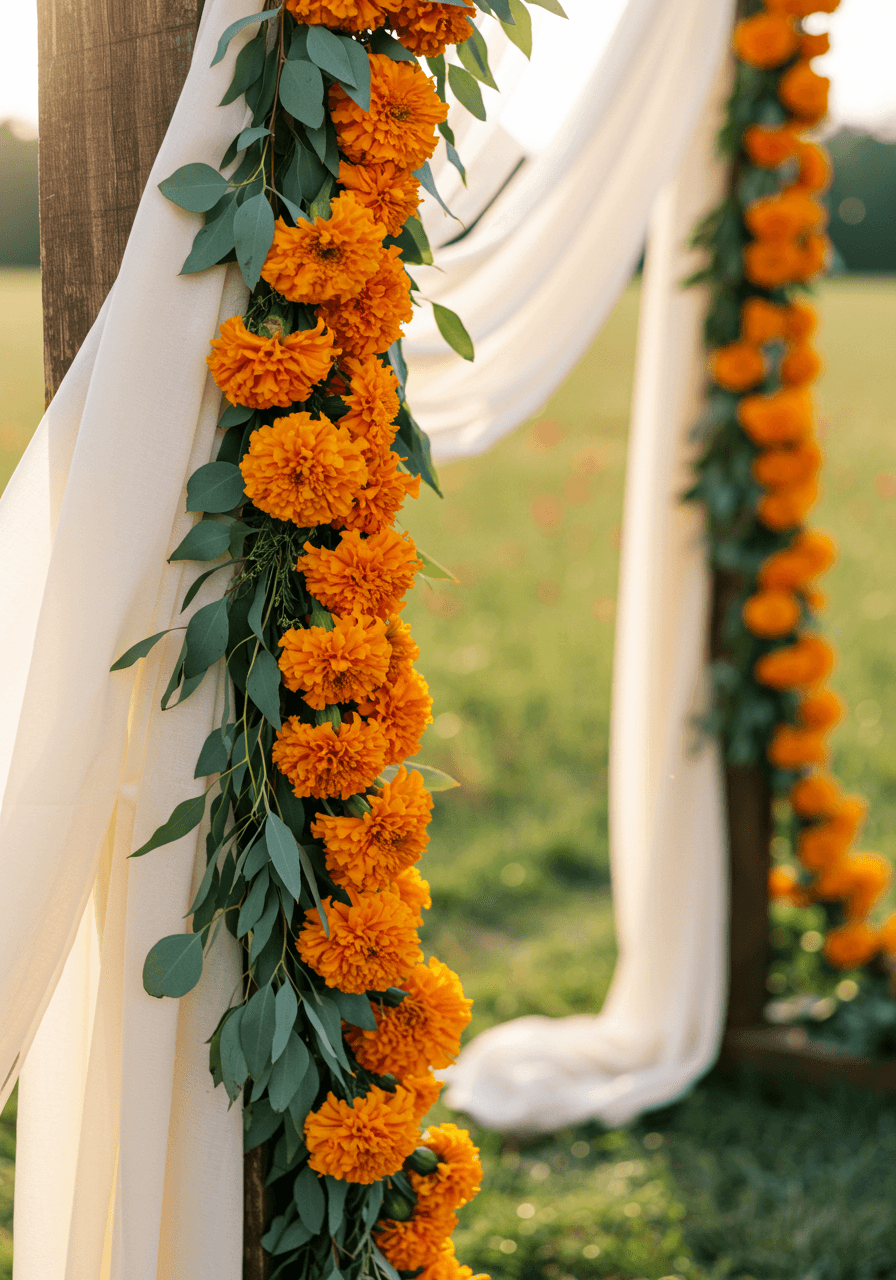Elegant marigold garland draped along rustic wooden ceremony altar in outdoor meadow setting