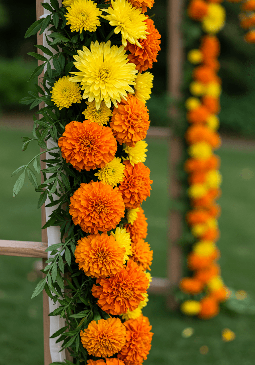 Close-up detail of cascading marigold and mustard yellow blooms in outdoor wedding ceremony arch arrangement