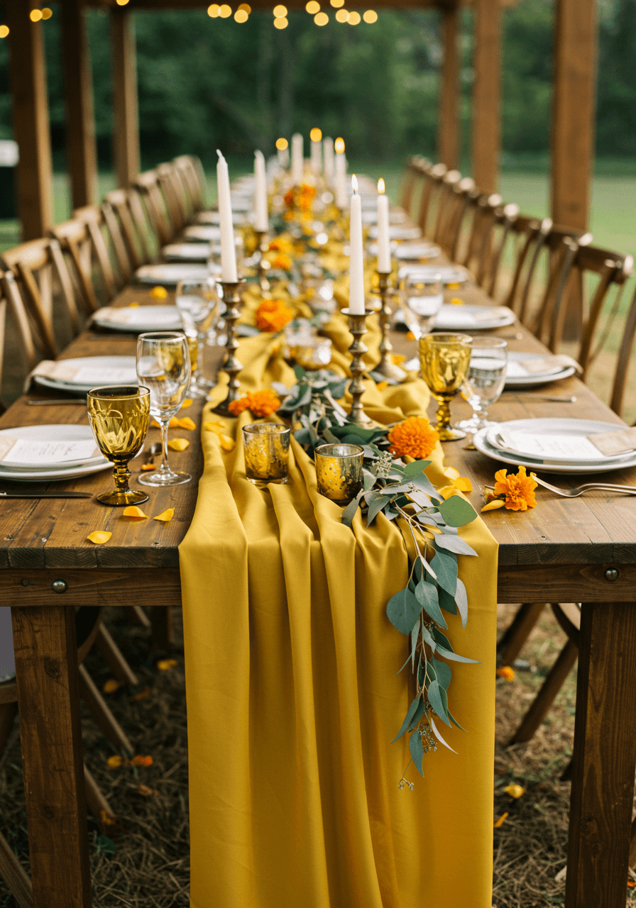 Mustard yellow silk table runner cascading down farmhouse table at outdoor garden wedding reception during golden hour