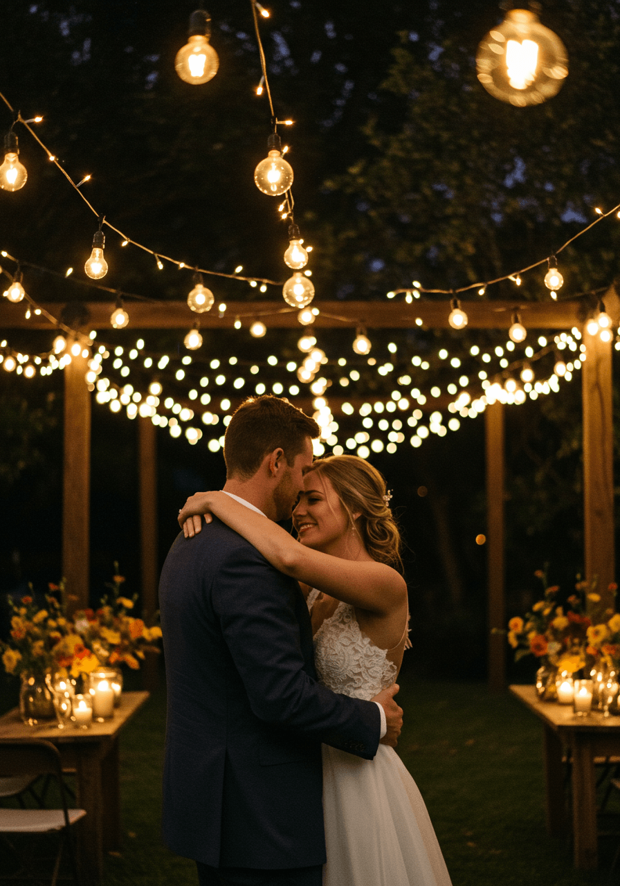 Close-up of couple's hands during first dance under romantic amber string light canopy
