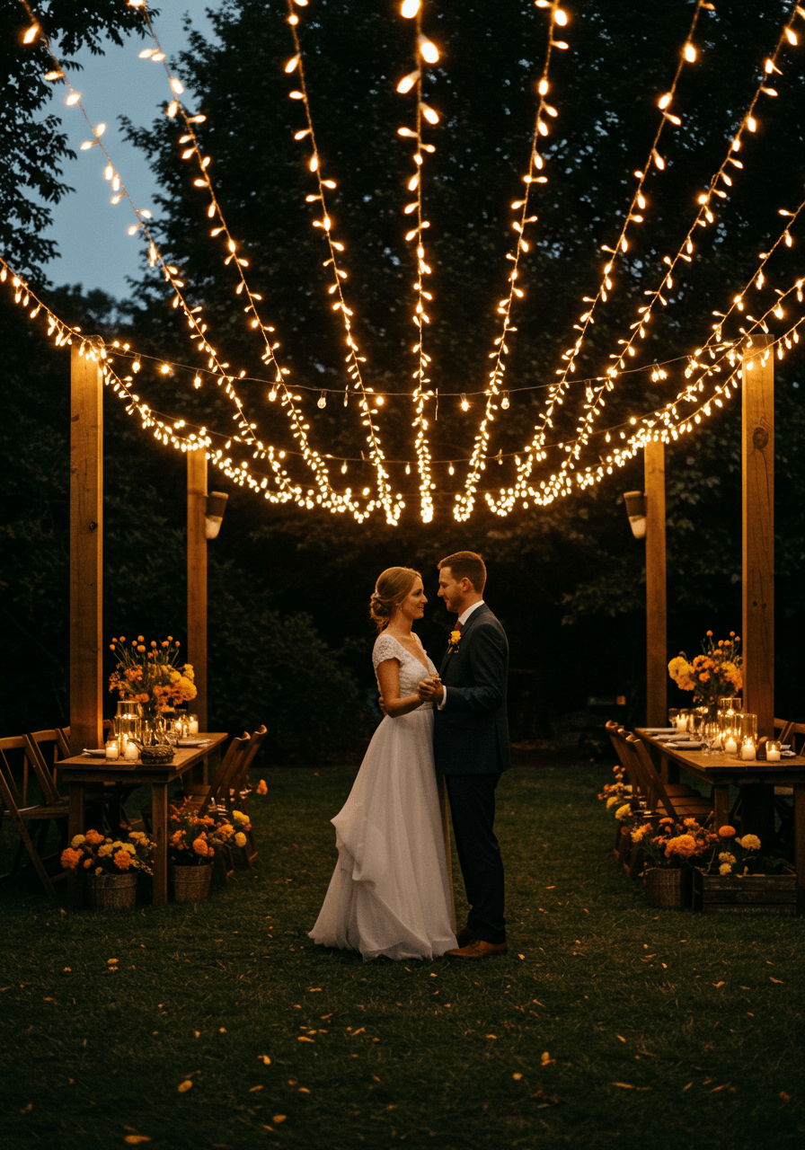 Bride and groom dancing under cascading warm amber string lights in outdoor garden reception during twilight