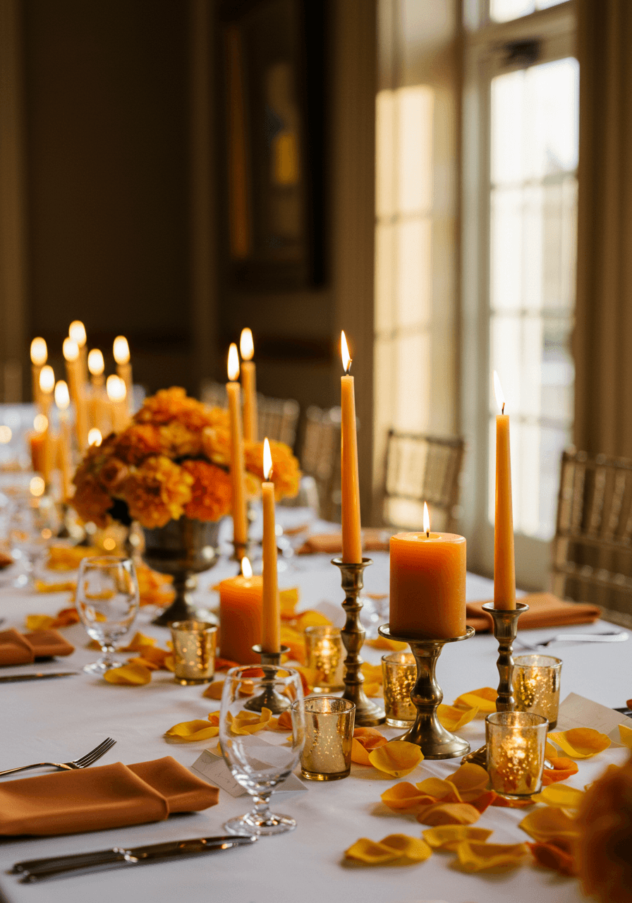 Romantic tablescape with tall marigold and gold pillar candles of varying heights as wedding reception centerpiece