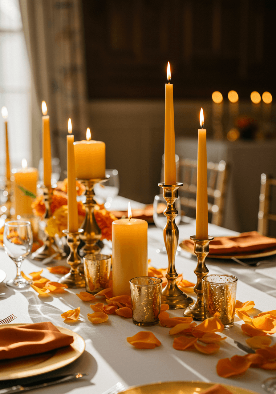 Low angle view of flickering candle flames with scattered marigold petals on elegant white linen reception table