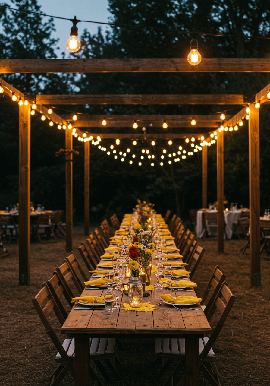Wide shot of outdoor dinner setting with Edison bulb string lights and marigold centerpieces on farm tables