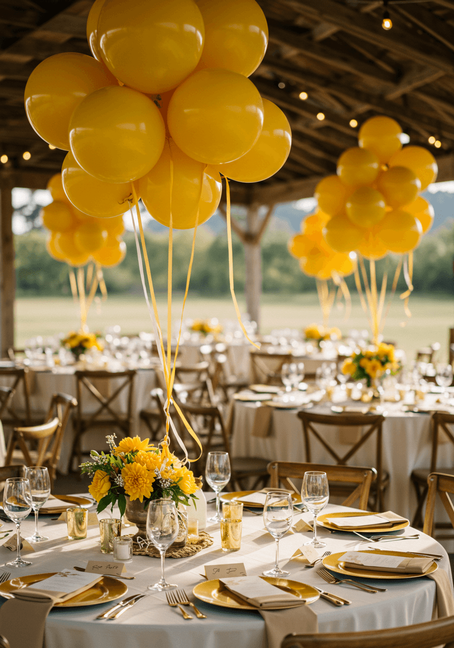 Elegant sunset yellow balloon centerpieces floating above round reception tables in rustic outdoor venue