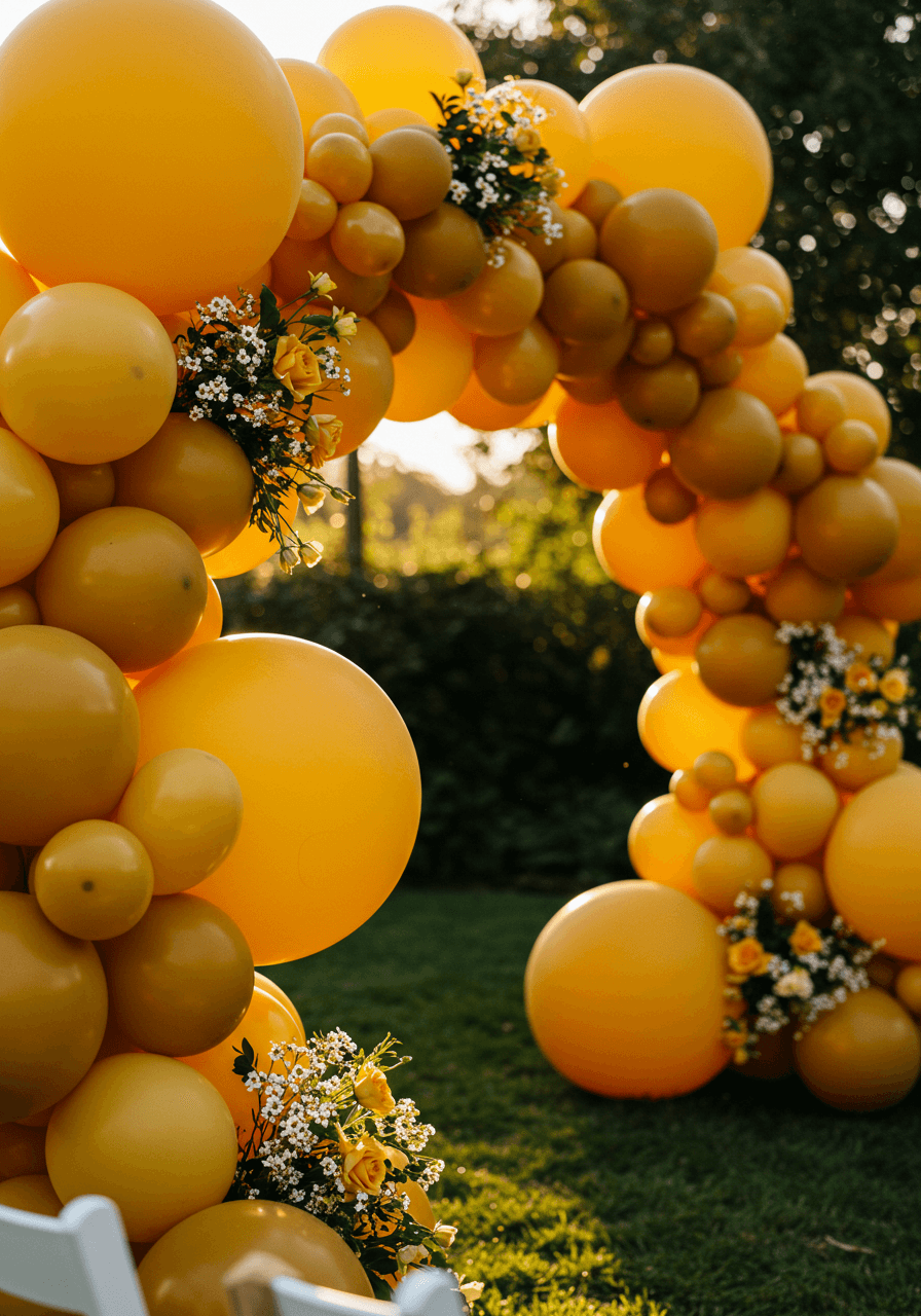 Close-up detail of sunset yellow balloon textures and varying sizes in ceremony arch arrangement
