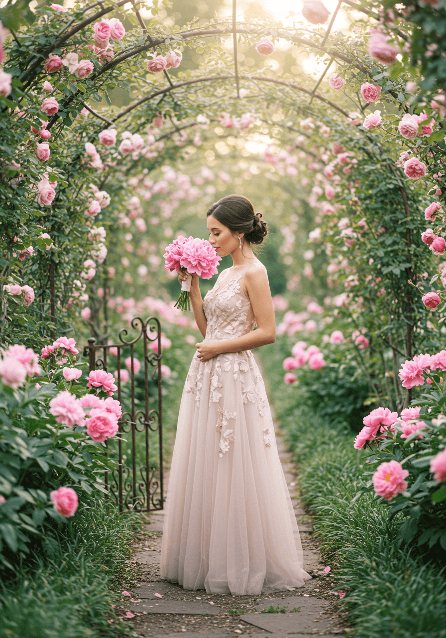 Bride in blush tulle dress pausing to smell pink peonies in romantic garden setting