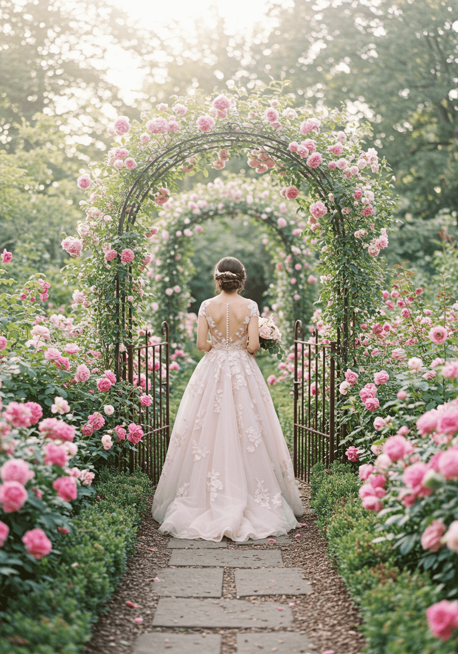 Bride in flowing blush pink tulle gown walking down garden pathway lined with pink peonies during golden hour
