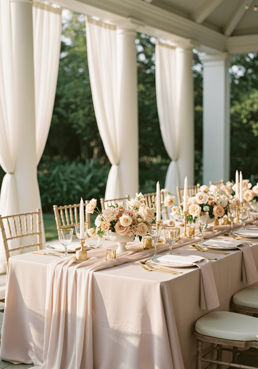 Nude pink wedding tablescape detail in sunlit garden pavilion with white columns