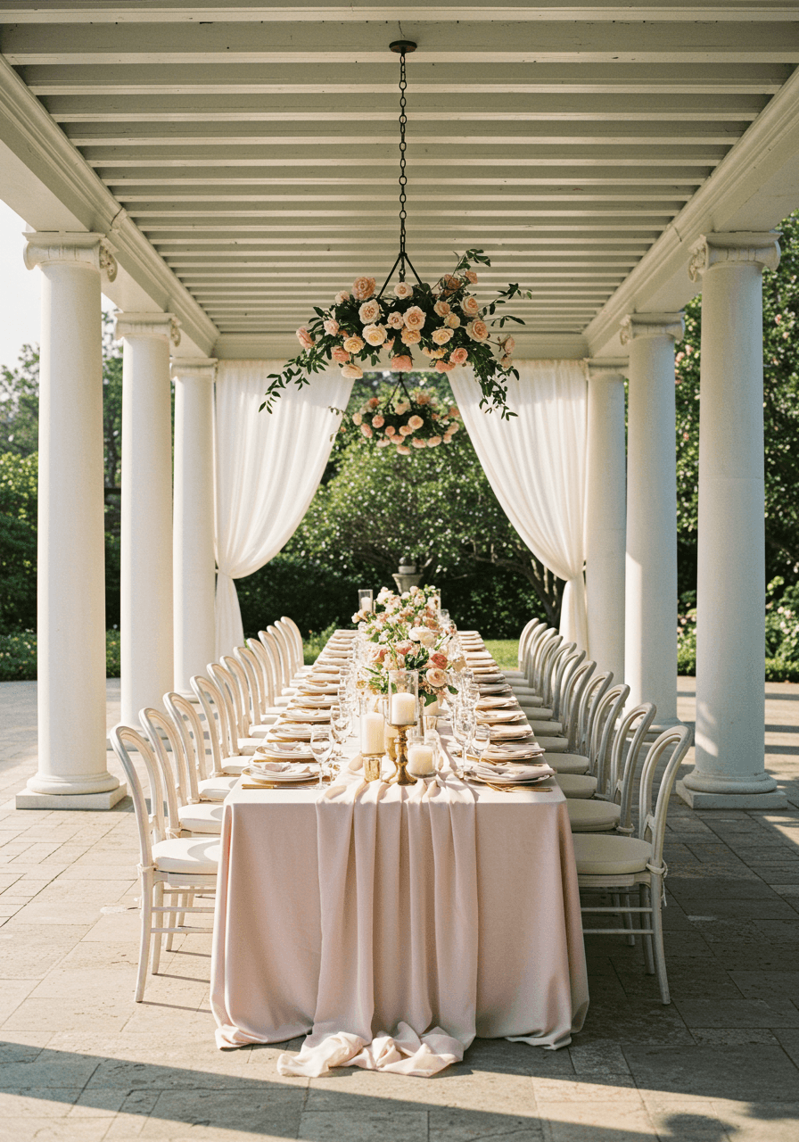 Wide view of elegant garden pavilion dining setup with nude pink linens and flowing curtains