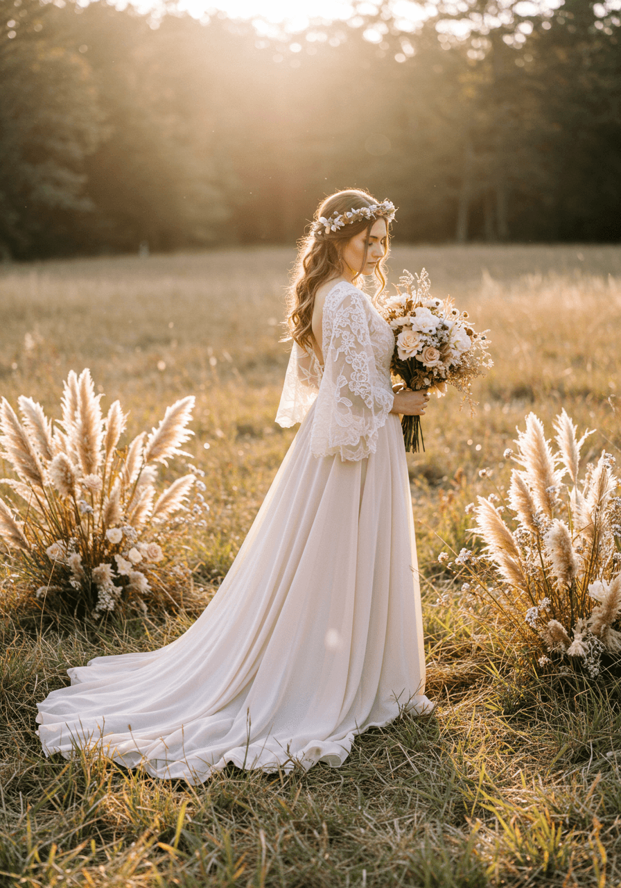 Bride in pale pink bohemian chiffon wedding dress with bell sleeves standing in wildflower meadow with pampas grass