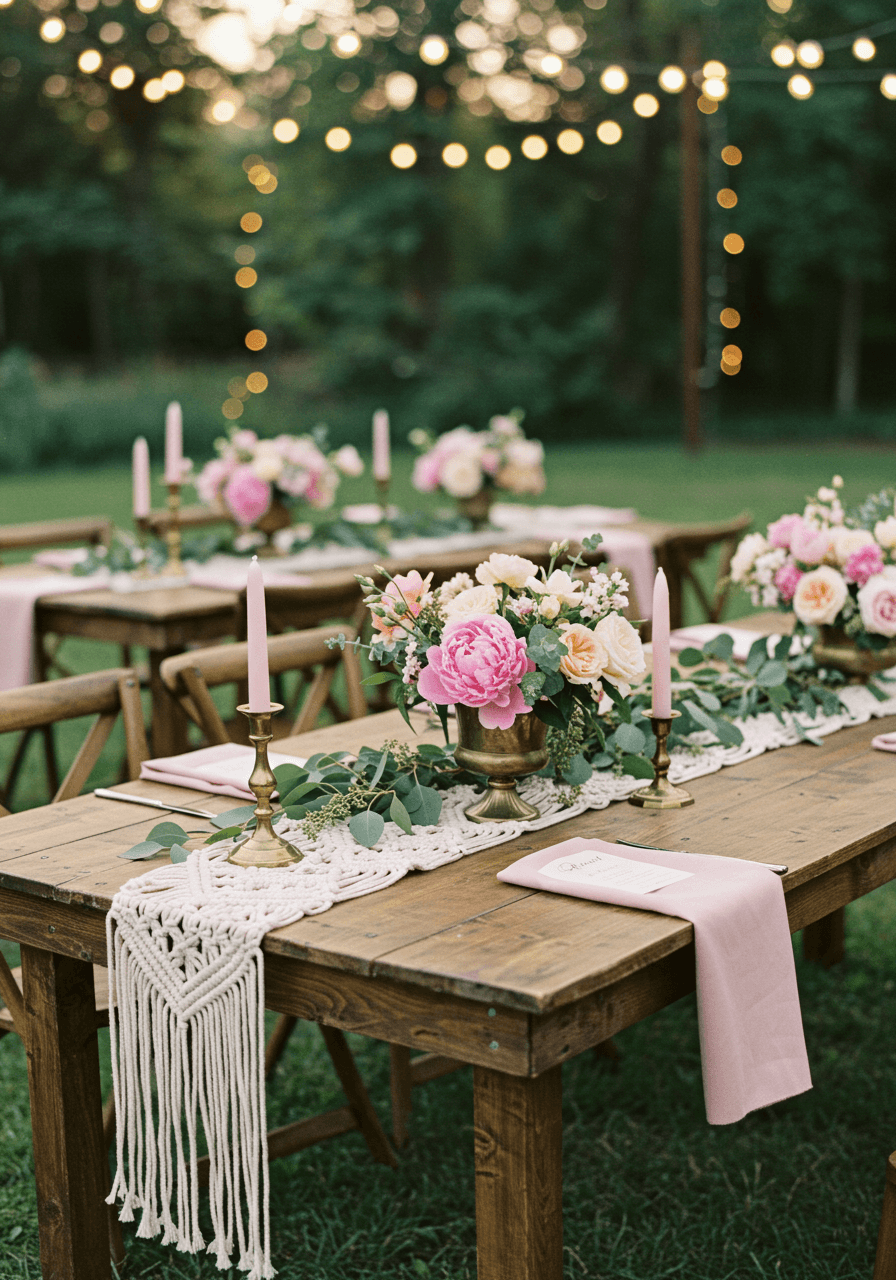 Bohemian wedding tablescape with pale pink linens and macrame runners on weathered wooden tables with string lights
