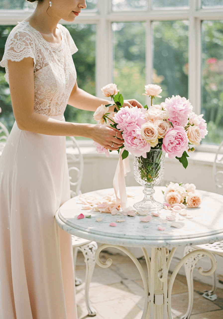 Bride in baby pink silk wedding gown arranging soft pink peonies in crystal vase in airy garden conservatory