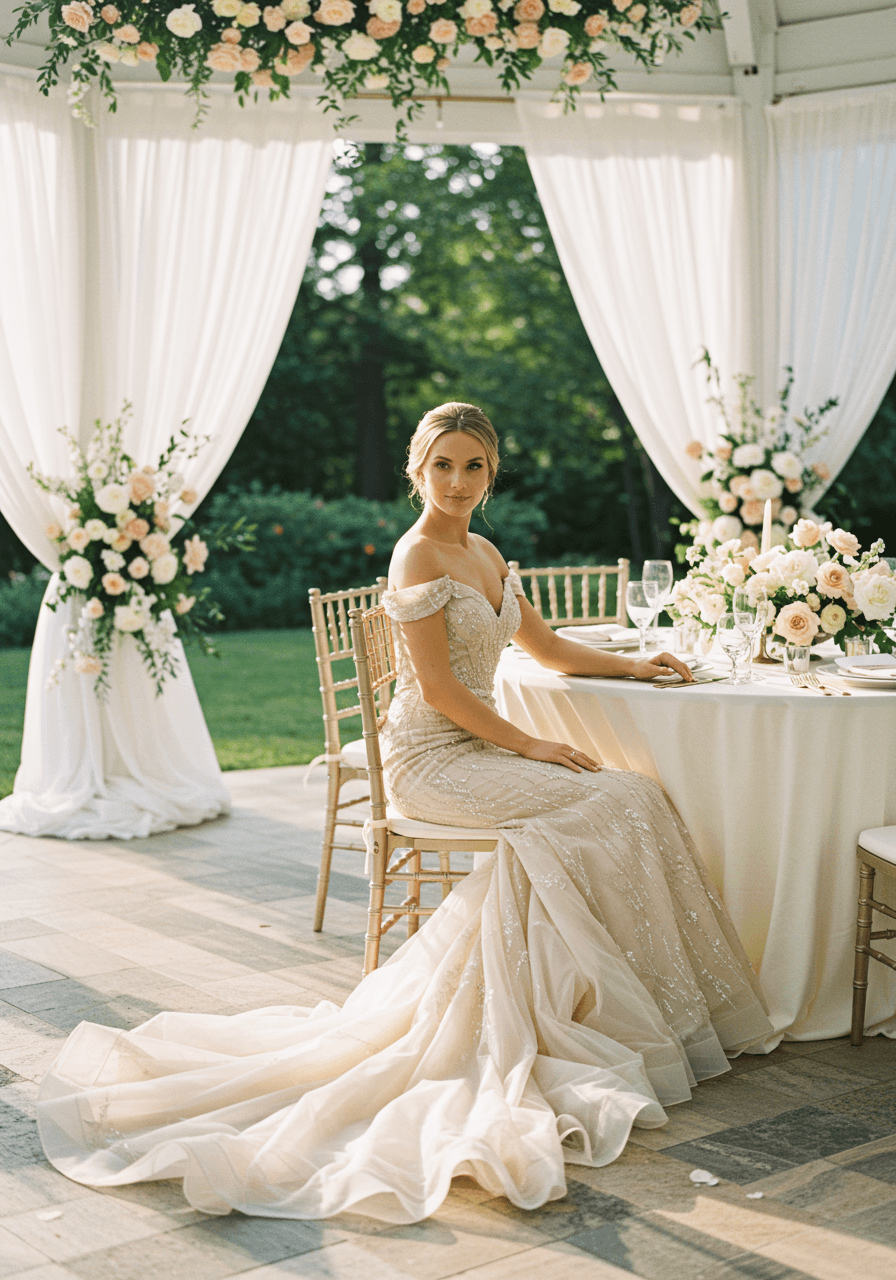 Bride in champagne blush mermaid wedding gown seated at elegant sweetheart table in garden pavilion