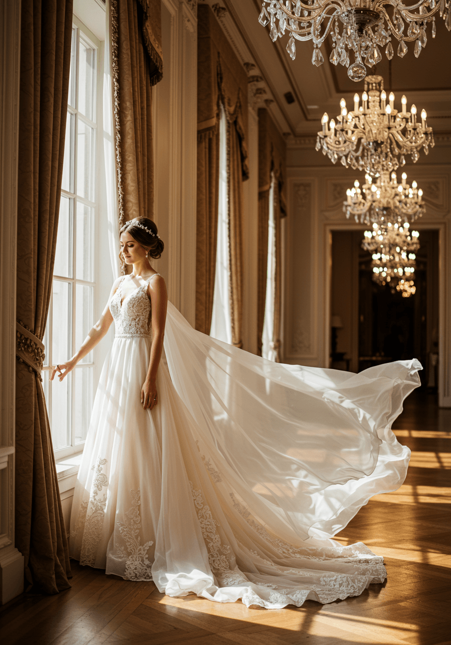 Bride in champagne blush A-line gown with lace appliques standing by ballroom windows during golden hour