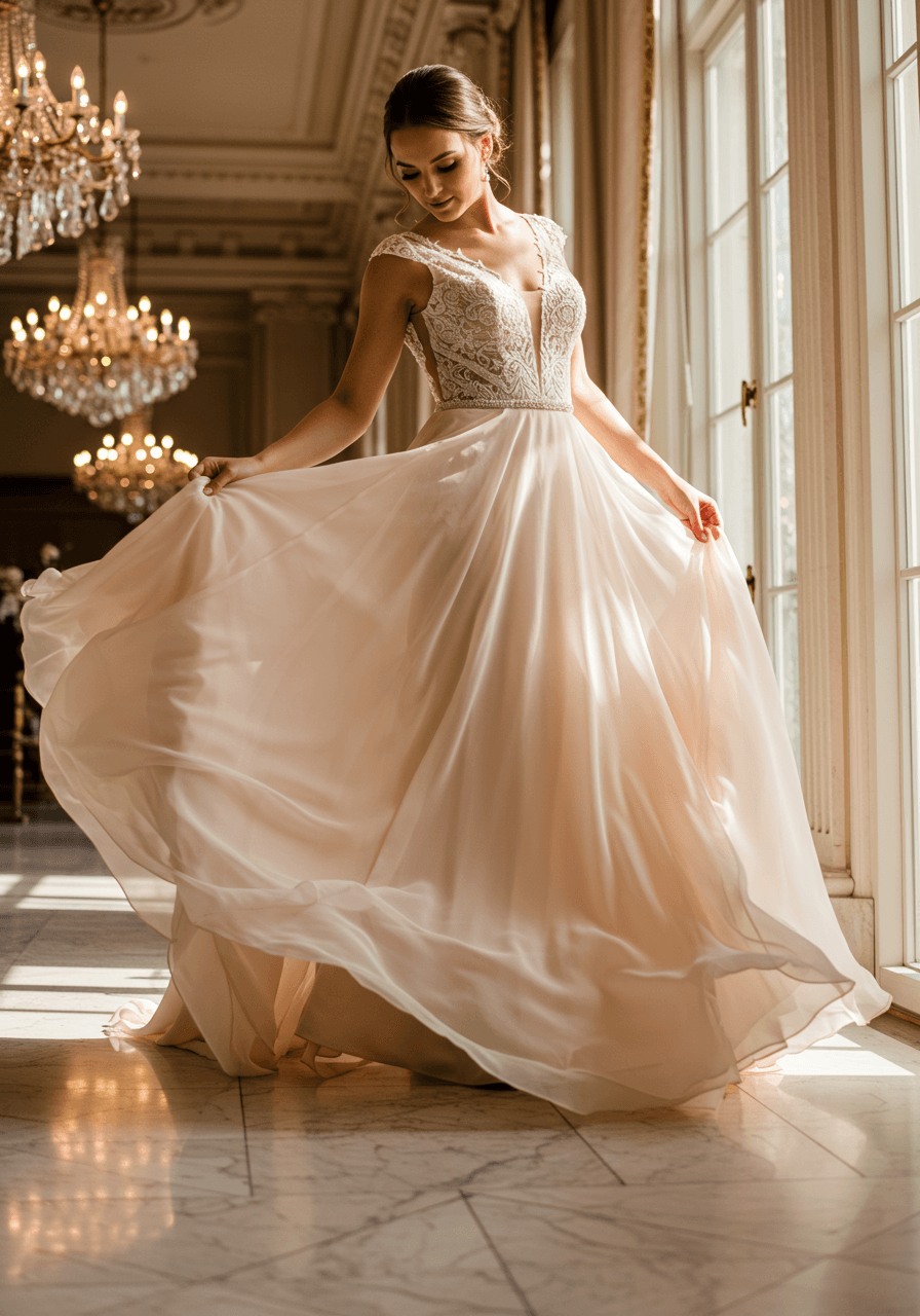 Bride adjusting flowing chiffon layers in elegant ballroom with crystal chandeliers
