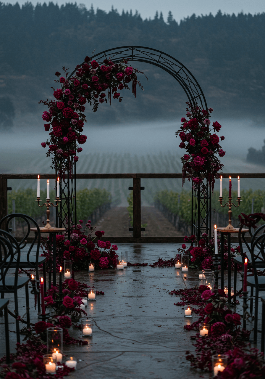 Dramatic berry-coloured floral ceremony arch overlooking misty vineyard during twilight