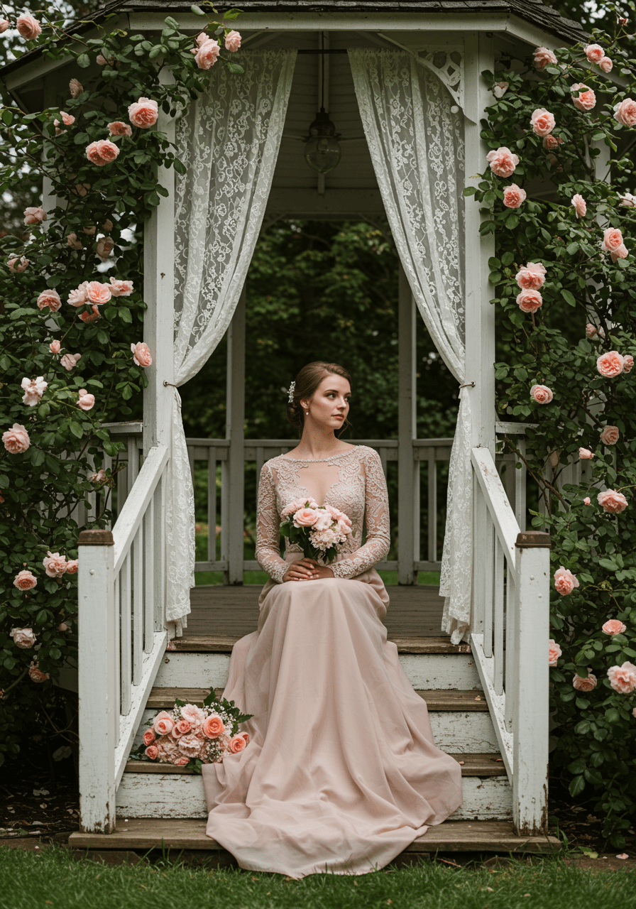 Vintage lace bride posing on gazebo steps with climbing roses in romantic afternoon light