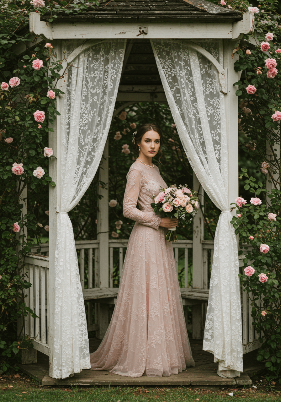 Bride in dusty rose vintage lace wedding dress standing in antique garden gazebo surrounded by climbing roses