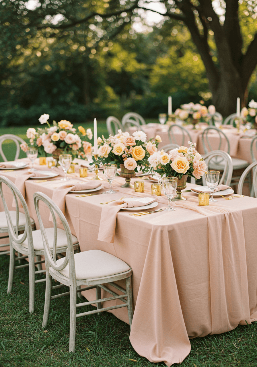 Peachy pink wedding tablescape with whimsical centerpieces and mismatched vintage chairs in garden setting