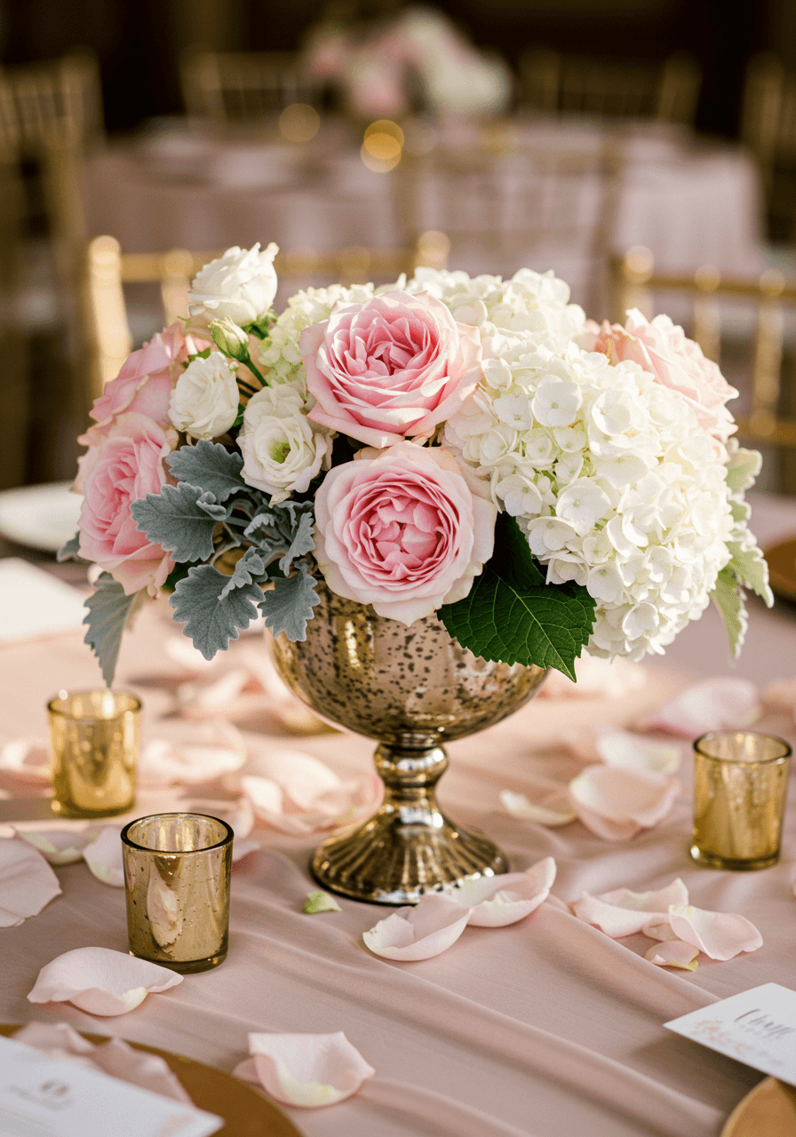 Baby pink garden roses and white hydrangeas in mercury glass compote on blush silk table runner