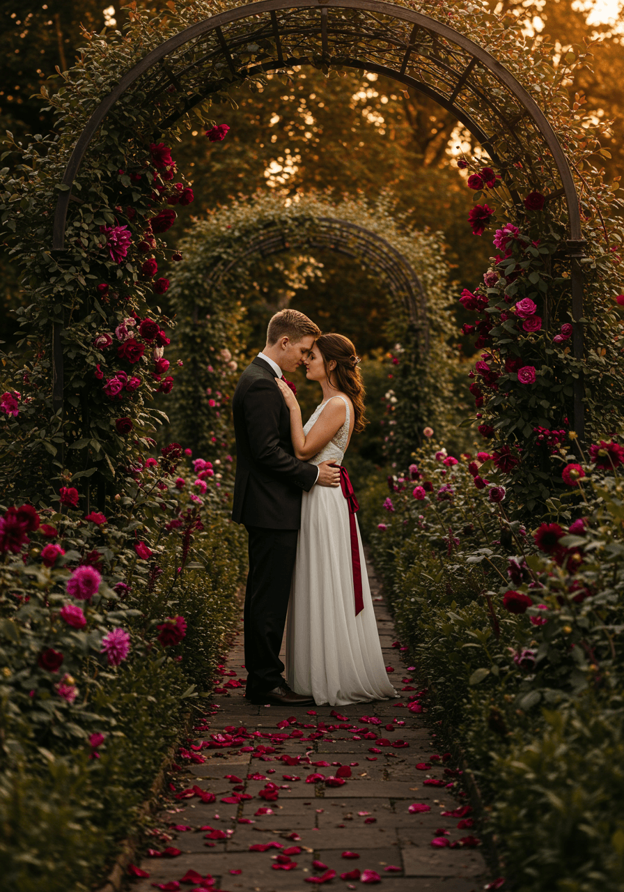 Couple in romantic embrace surrounded by wine-coloured dahlias and dramatic berry florals