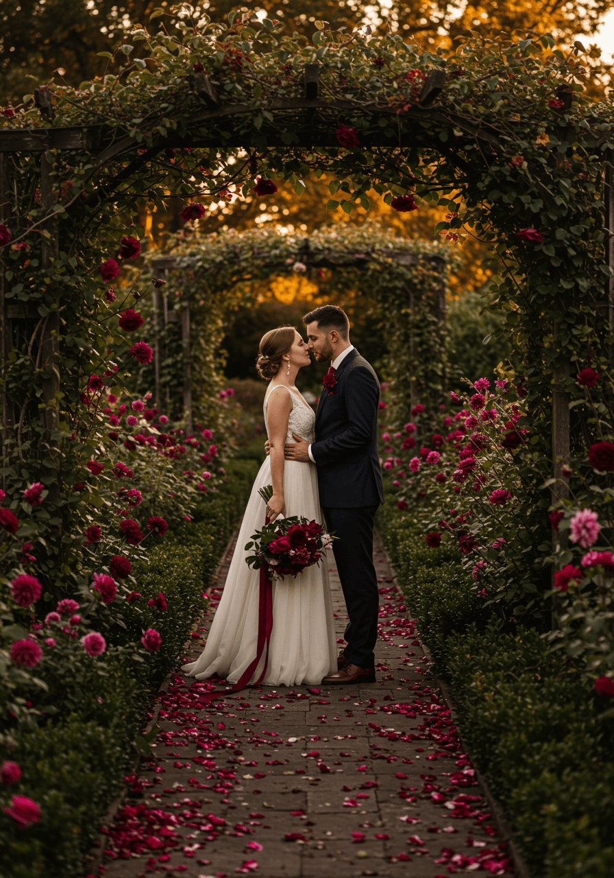 Bride and groom sharing intimate moment in lush garden with deep burgundy roses during golden hour