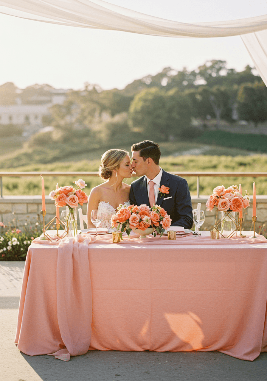 Bride and groom sharing intimate moment at outdoor reception table with salmon pink linens during golden hour