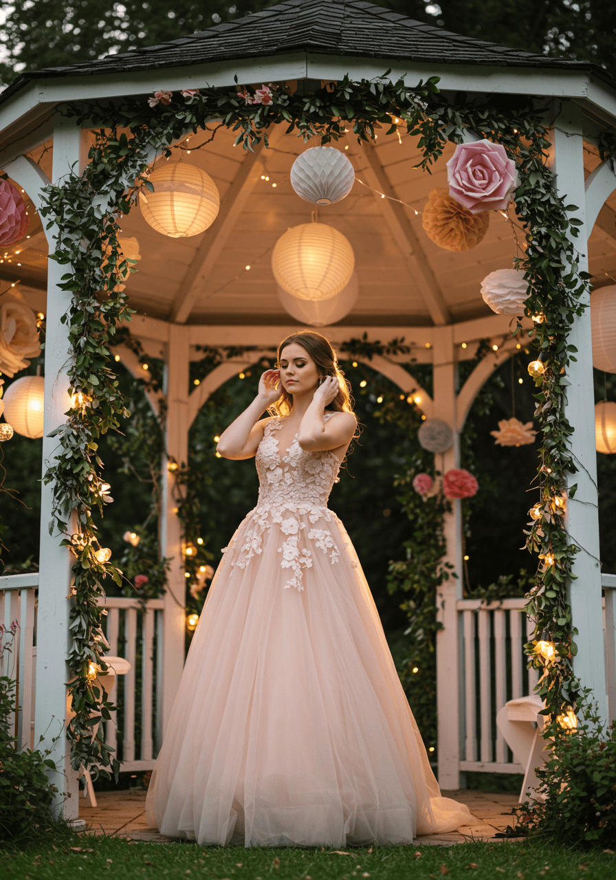 Bride touching hair while dancing in peachy tulle gown in whimsical lit gazebo