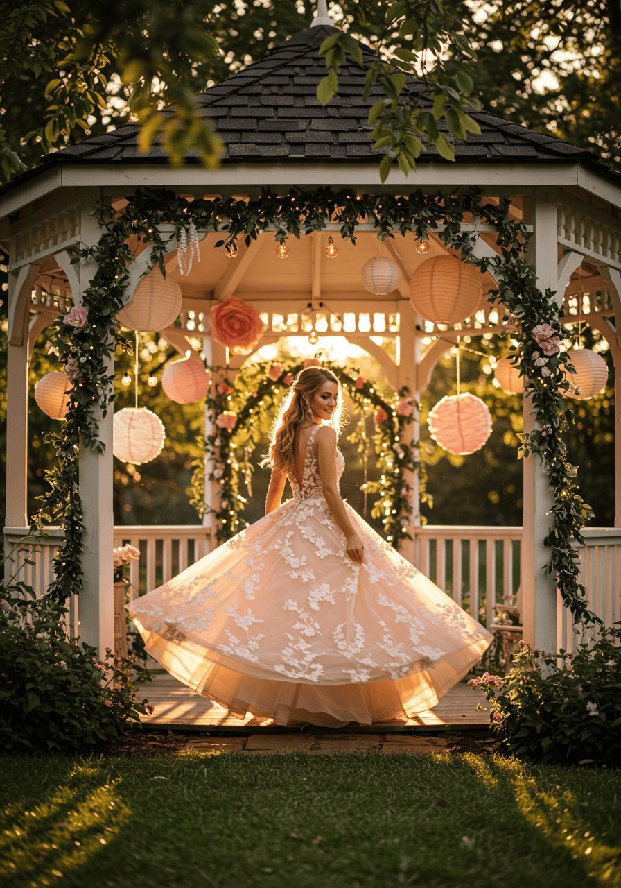 Bride in peachy pink tulle ball gown twirling joyfully in garden gazebo with fairy lights