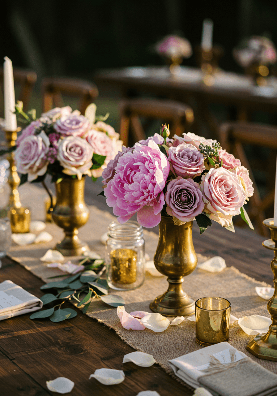 Mauve pink peonies and garden roses in vintage brass vessels on rustic wooden farm table