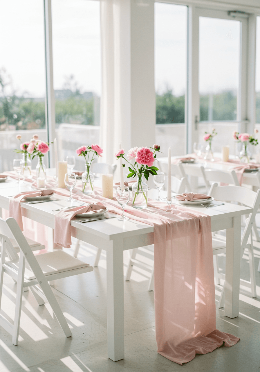 Clean white farm table with blush pink napkins and simple floral arrangements in bright modern venue