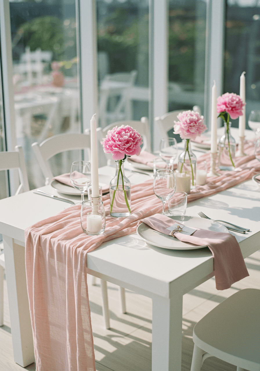 Minimalist wedding tablescape with soft pink linen runners and single pink peonies in clear glass vases