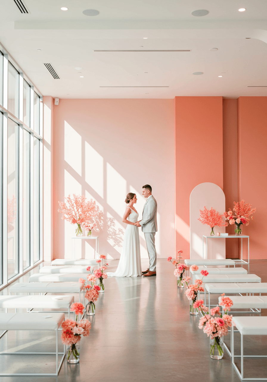 Bride and groom in modern minimalist ceremony space with coral pink accent walls and geometric design