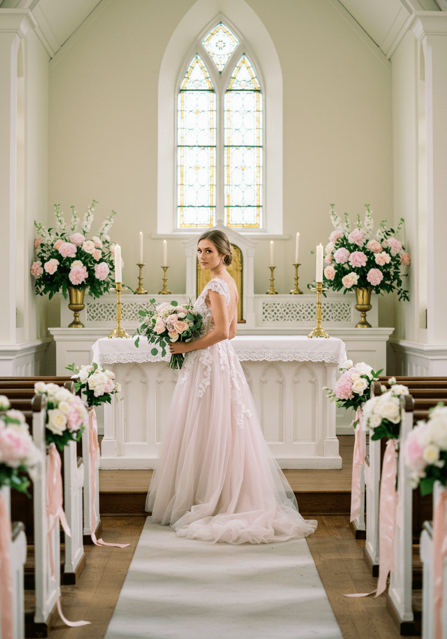Bride in powder pink tulle wedding gown standing beside vintage church altar decorated with soft pink peonies