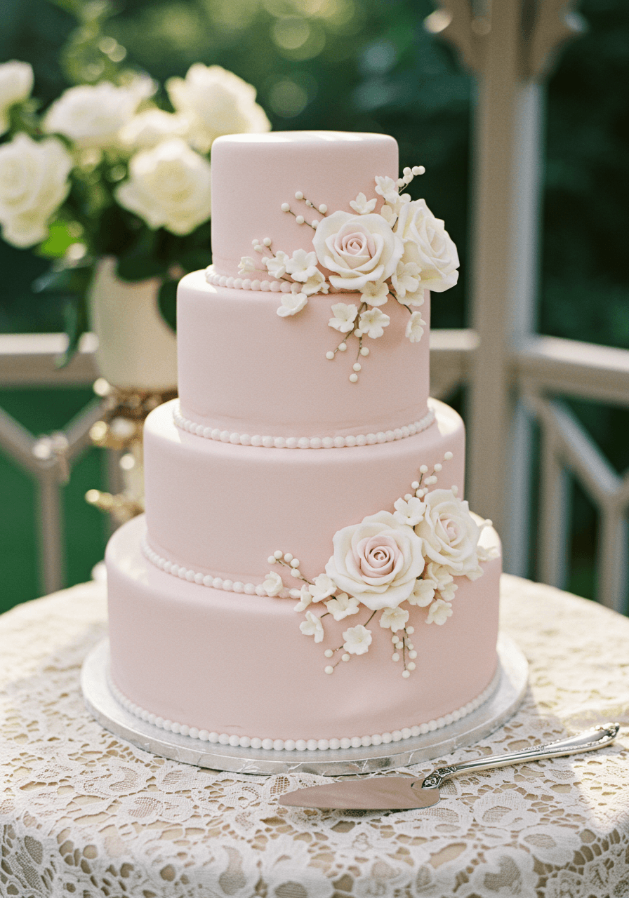 Classic three-tier powder pink wedding cake with white sugar flowers on antique lace tablecloth