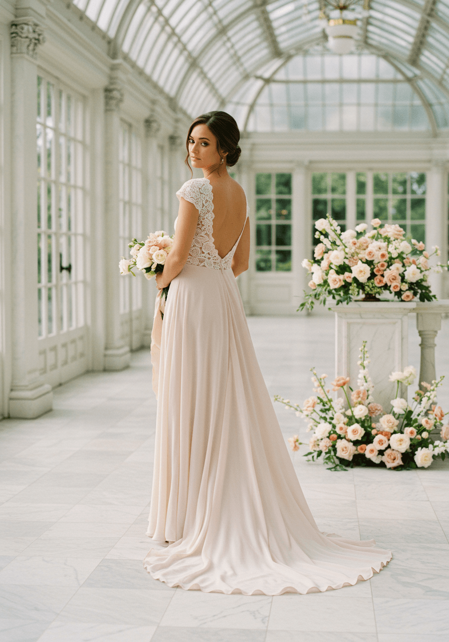 Low angle portrait of bride in nude silk gown in sophisticated conservatory setting