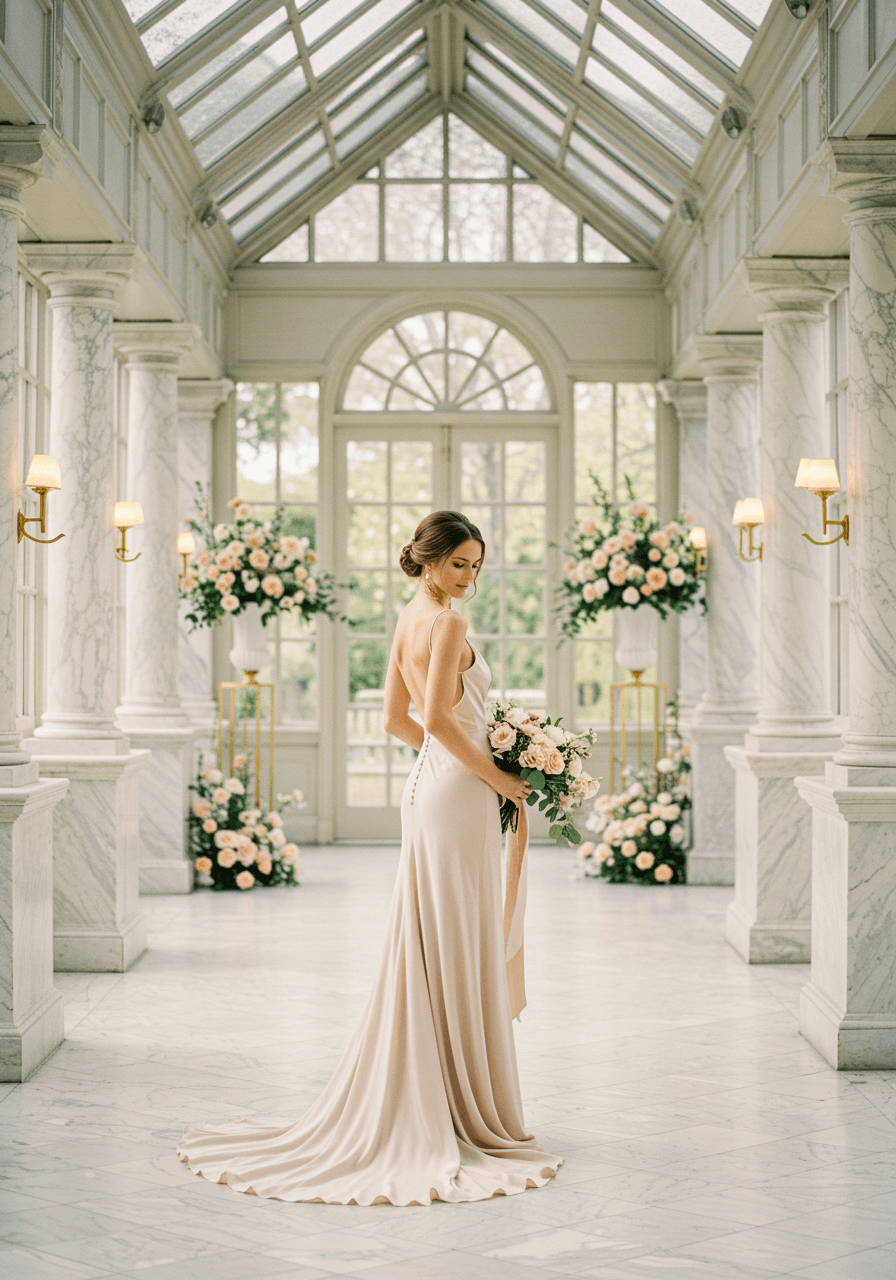 Bride in nude pink silk wedding gown standing in elegant marble conservatory with natural light