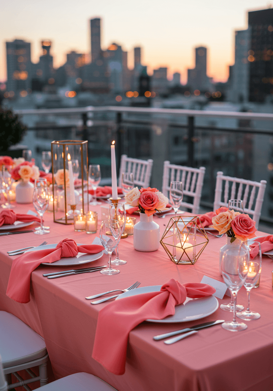 Modern coral pink wedding tablescape detail on rooftop terrace with geometric centerpieces