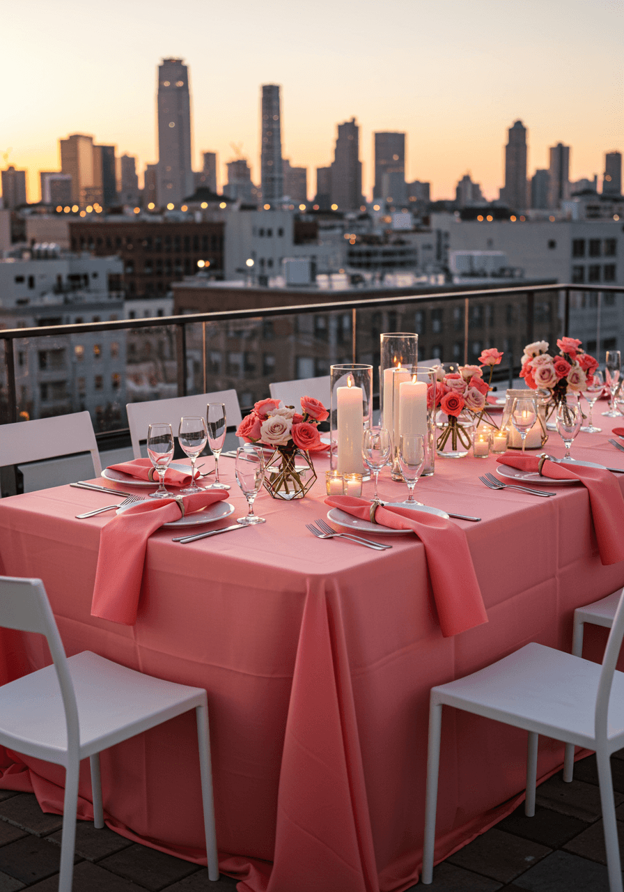 Rooftop wedding reception at sunset with coral pink linens and city skyline view