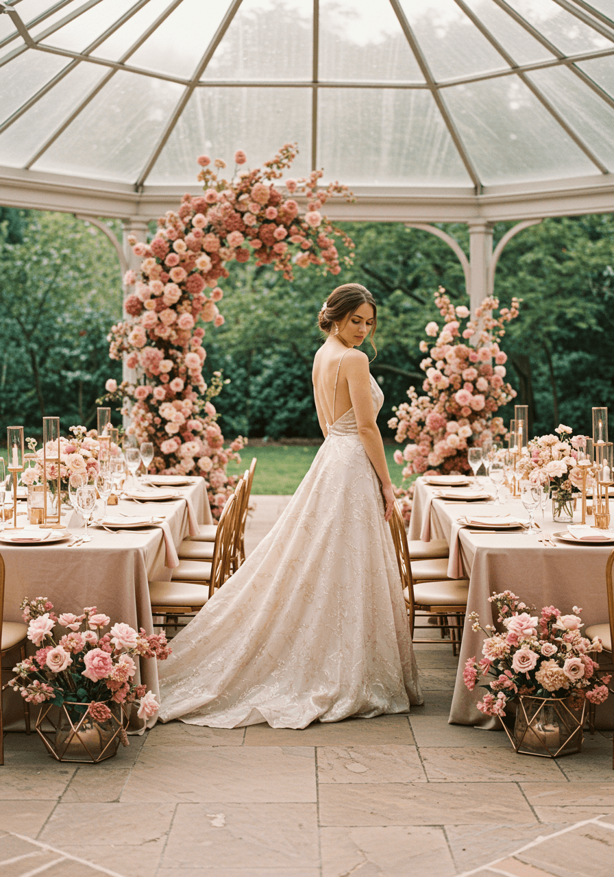 Bride in flowing rose gold silk wedding gown with metallic threading in elegant garden pavilion