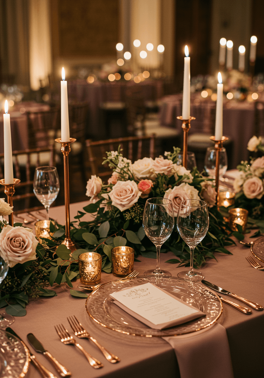 Rose gold flatware and copper candelabras with cascading blush roses in elegant ballroom setting