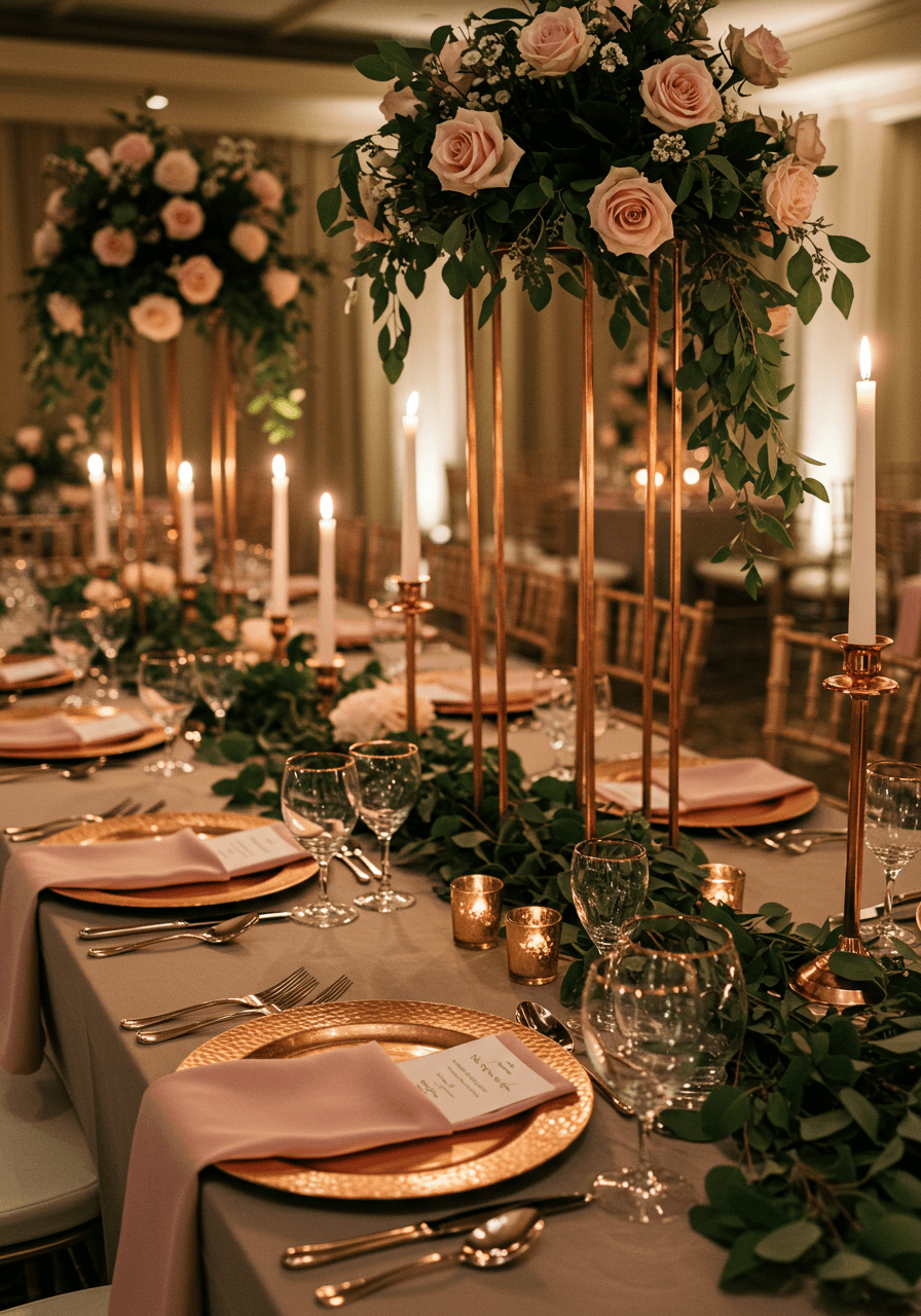 Sophisticated ballroom reception tables with rose gold details and warm candlelight